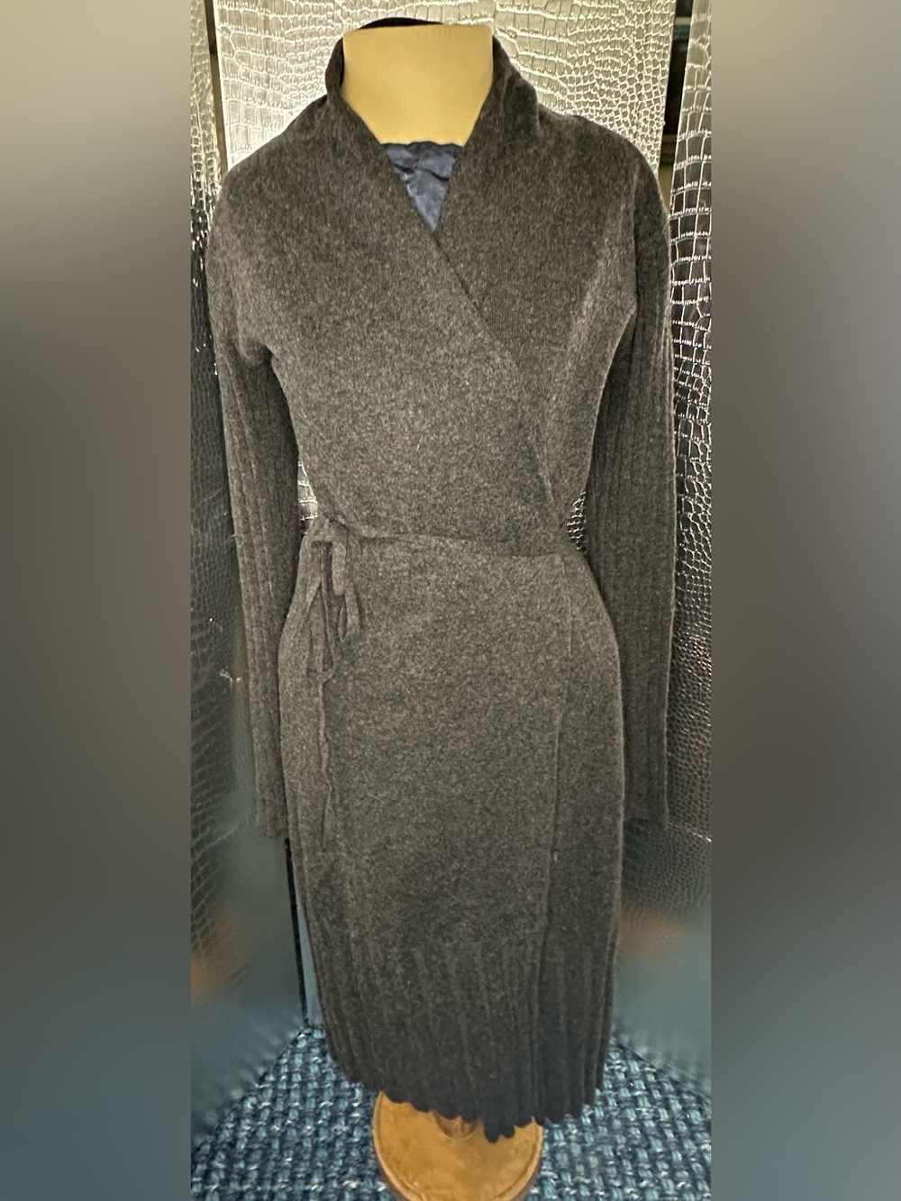 Colovos Women's Charcoal Wrap Knit Cashmere Silk Dress Long Cardigan